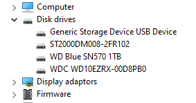 Screenshot of the list of disk drives in Windows device manager