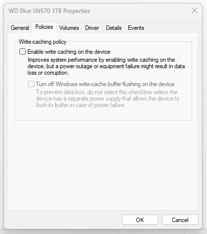 Screenshot of policies tab inside the properties menu of a disk drive in Windows device manager